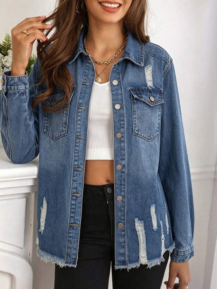 Fashion Women's Long Sleeve Denim Jacket, Distressed Mid-Length Coat With Button Pockets And Ripped Hem Design, Essential Denim Jacket For Autumn