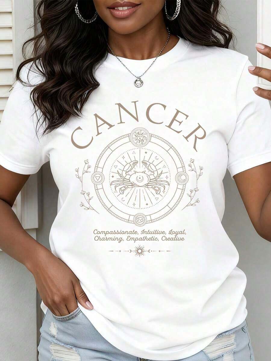Cancer Zodiac Sign T Shirt Compassionate Intuitive Loyal Charming Empathetic Creative Astrology Design Women's Casual Top-Vintage Street Style Unisex Loose Cotton Short Sleeve Crew Neck T-Shirt100%Cotton - 白色 - 查看 1
