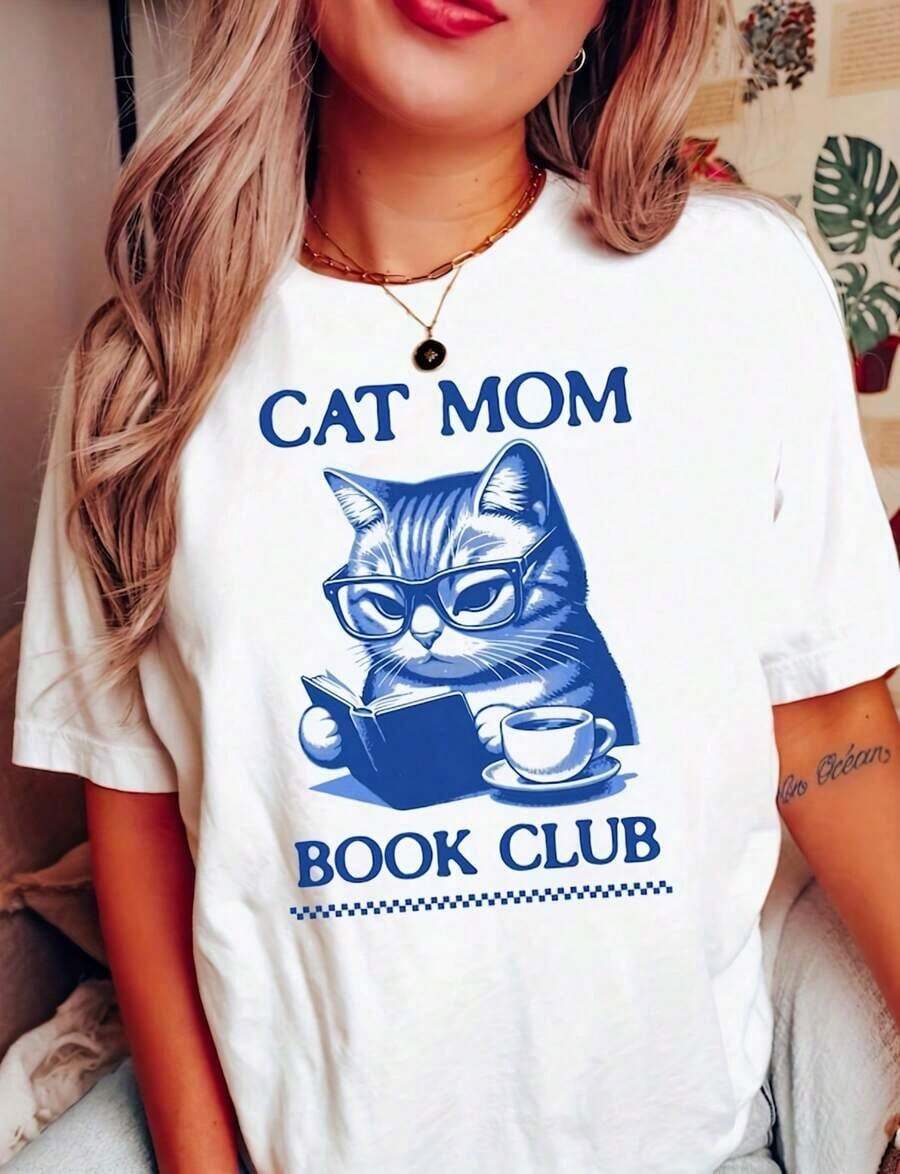 Leereno Women's T-Shirt With Cat Print, Comfortable And Breathable, Pure Cotton, Short Sleeve, Loose Fit, Casual Round Neck, With Graphic Of The Phrase "Cat Mom's Book Club", T-Shirt For Everyday Summer Wear - 白色 10 - 查看 1