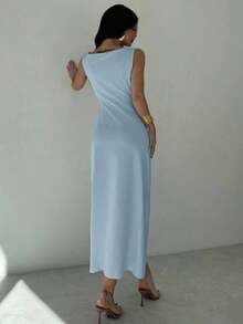 Women's White Asymmetrical Neckline Dress With Ruffles At The Waist, Elegant And Sexy Dress For Work, Vacation, Fashionable And Modern, For Spring/Summer, For Work, Elegant, Sexy, Vacation, Beach, Hawaii, Wedding Season, Graduation Ceremony, Prom - 酒紅色 - 查看 2