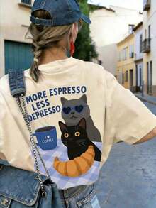 Nueva Camiseta Casual de Verano con Estampado de Gato y Café, Cuello Redondo y Manga Corta, Blusa de Mujer Moderna y Versátil - Estilo Urbano Vintage, Camiseta Unisex Holgada de Algodón con Cuello Redondo y Manga Corta. blusas.blusas casuales para dama. - Albaricoque - Ver 1