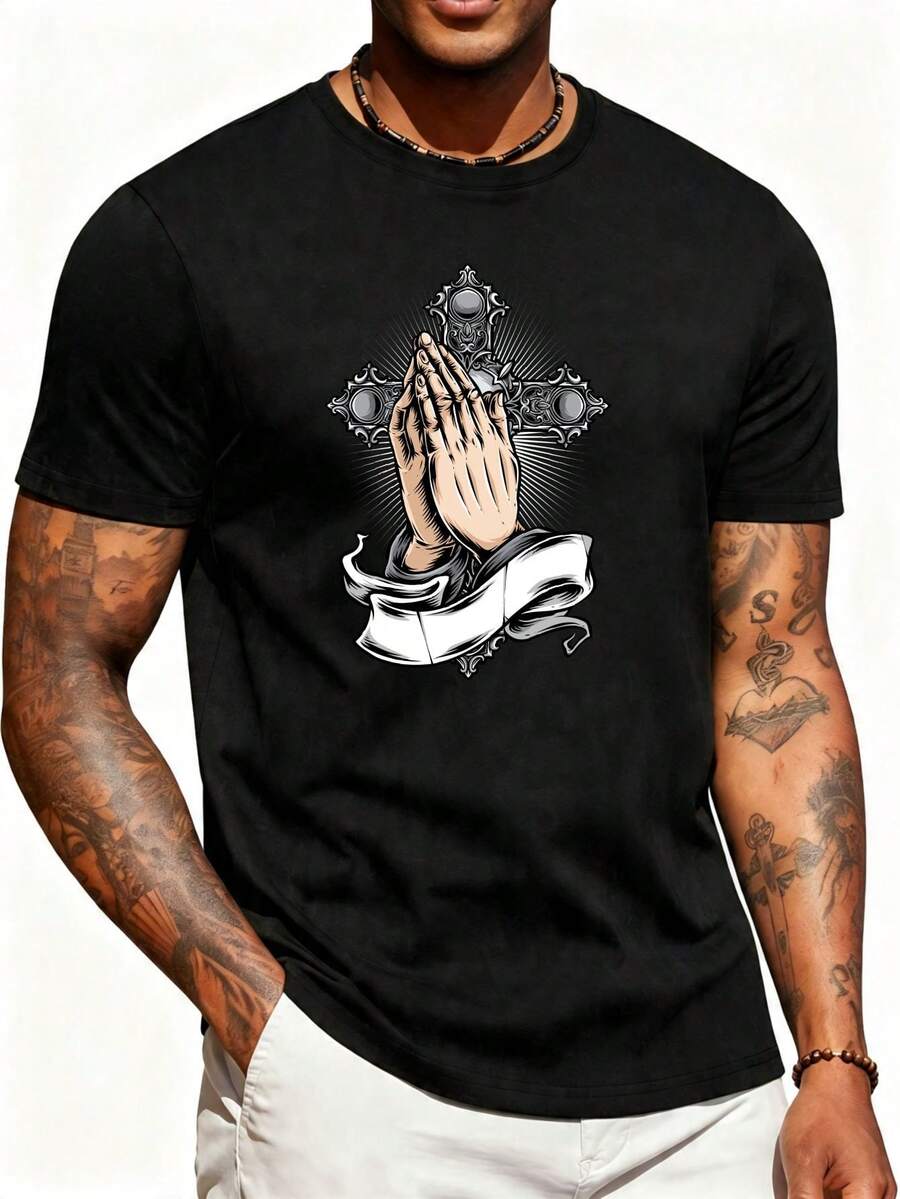 Men's T-Shirt With A Religious Design, Showing Hands In Prayer, A Cross And A Ribbon, Suitable For Casual Wear In Spring And Autumn, Making It A Perfect Gift For Faithful Believers. - 黑色 - 查看 1