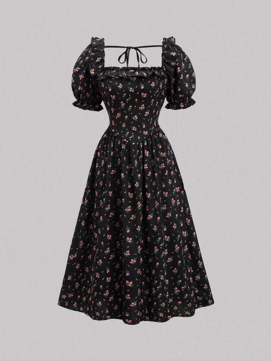 Vestido largo con escote cuadrado, mangas de globo y estampado floral, conjunto de mujer - Azul marino - Ver 1