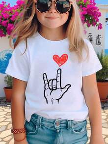 Camiseta de manga corta de moda de verano para niñas con estampado 'Corazón en las yemas de los dedos' para el Día de San Valentín, top casual versátil NY-DX7604 - Blanco - Ver 8