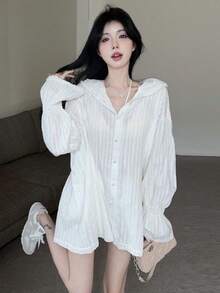 ストライプ フード付きシャツ レディース 薄手 UVカット ゆったり 細見え 韓国風 フェミニン 春夏新作 - ホワイト - チェックする 9