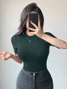 Camiseta casual de verano para mujer con cuello alto, manga corta, ajustada y envolvente, de uso versátil, ropa de vuelta al colegio - Verde - Ver 6
