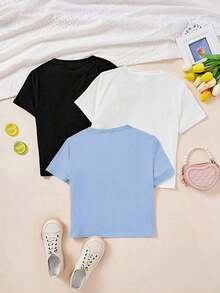 3 piezas Crop Top simple y casual para mujer con manga corta entallada, estampado de flores y mariposas, cuello redondo - Multicolor - Ver 2