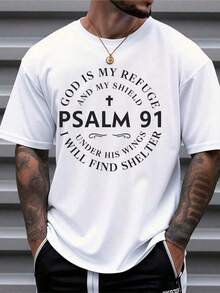 New Men's T-Shirt With Psalm 91 Verse - Christian Design "God Is My Refuge And My Shield", Short Sleeve, White With Black Text, Bible Print - 100% Breathable Cotton, Suitable For Church, Daily Wear And Outdoors - Spiritual Gift For Men, Comfortable Everyday Clothing, Machine Washable - 白色 - 查看 1