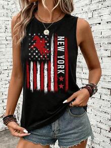 LUNE Camiseta de tirantes negra de 95% algodón con estampado de bandera y caballo, versátil - Negro 2 - Ver 6