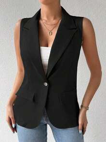 informal sin mangas con cuello francés y botones de unicolor para mujer de talla grande - Negro - Ver 5
