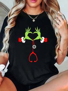 Camiseta de Enfermera de Moda con Estetoscopio para Navidad, Pijamas Navideños para Enfermeras, Ropa de Algodón para Mujer, Ropa Navideña, Camiseta Negra con Estampado Gráfico para Mujer - Blanco - Ver 7