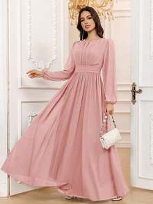Vestido de dama de honor formal de gasa de manga larga hasta el suelo con corte evasé, color borgoña elegante, vestido de invitada de boda, mangas sin forro, primavera - Rosa Pálido - Ver 7