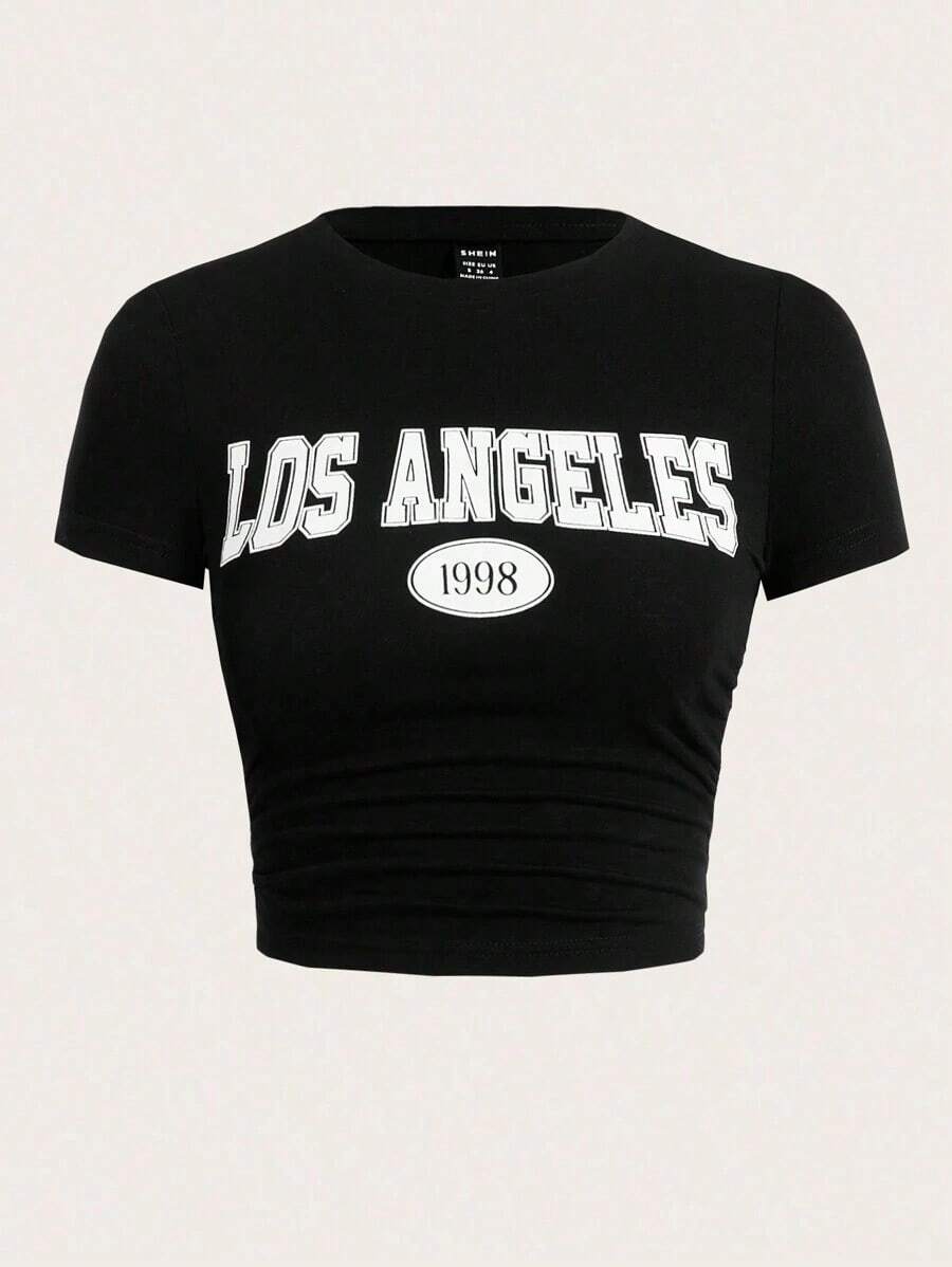 Camiseta De Manga Corta Para Mujer Con Estampado De Letras - Negro - Ver 1