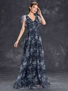 Vestido con estampado floral y mangas con volantes para mujer, vestido de madre de la novia para boda, vacaciones y primavera en color negro - Negro - Ver 3