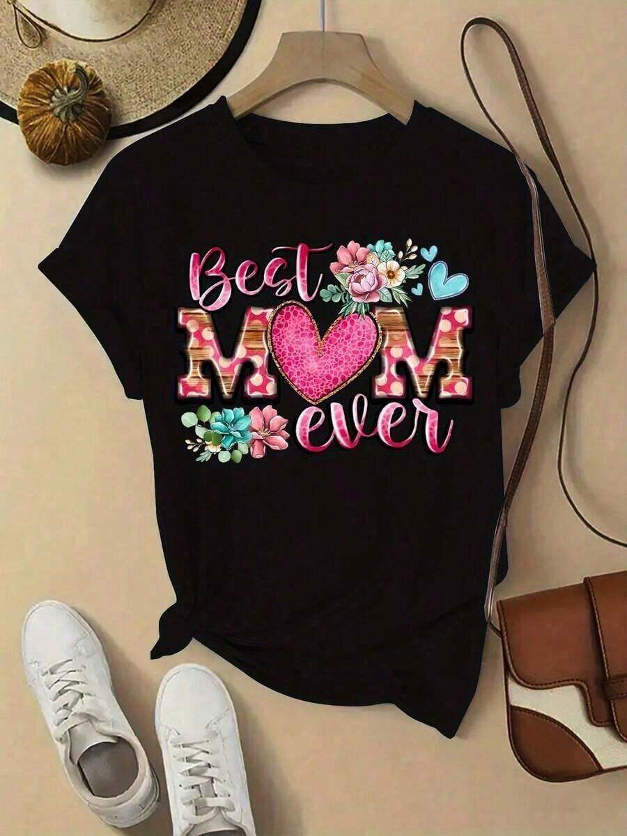 Camiseta estampada para mujer, 1 pieza, de moda, con cuello redondo y manga corta, serie del Día de la Madre con estampado gráfico "La mejor madre de todas", cómoda y elegante, adecuada para uso diario informal. Camisetas de verano para mujer con estampado tropical, cuello redondo, manga corta, holgadas, transpirables, cómodas, esenciales de verano para mujer. Playera para verano. - Negro - Ver 1