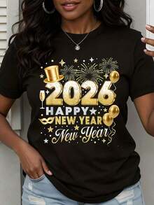 New Year's 2026 T-Shirt With Gold Glitter Design, Party T-Shirt For Celebration, Casual Top For Women, New Year's Eve Outfit - Vintage Urban Style, Unisex, Loose Cotton Short Sleeve T-Shirt With Round Neck, 100% Cotton - 黑色 - 查看 7