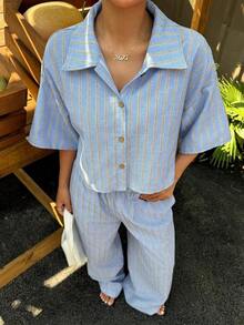 Conjunto de camisa y pantalones a rayas de estilo casual y vacacional para mujer - Azul - Ver 3