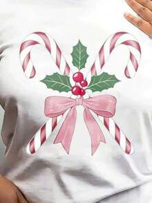 Women's Short Sleeve Crew Neck T-Shirt With Cane Candy, Mistletoe Berries, And Pink Laz Print, Sizes S-3XL. Fashionable, Comfortable, Breathable, And Machine Washable. - 白色 - 查看 1
