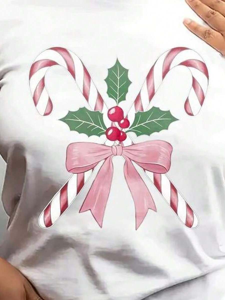 Women's Short Sleeve Crew Neck T-Shirt With Cane Candy, Mistletoe Berries, And Pink Laz Print, Sizes S-3XL. Fashionable, Comfortable, Breathable, And Machine Washable. - 白色 - 查看 1