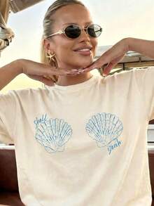 Women's Tropical Shell Print Casual T-Shirt - High Elasticity Top,Summer Beachwear, All-Season Comfortable Fit, Vacation Outfits For Women - 杏色5 - 查看 1