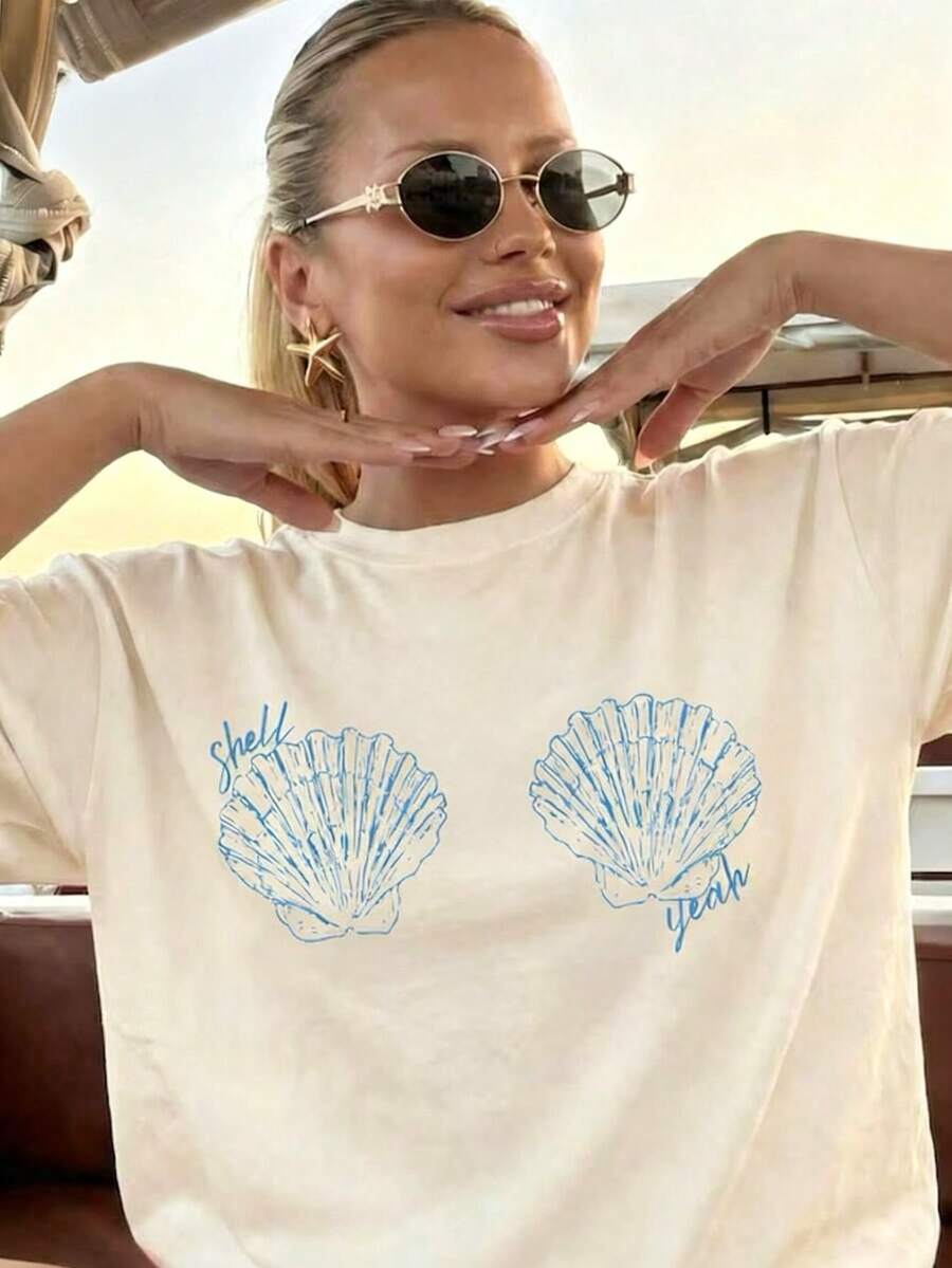 Women's Tropical Shell Print Casual T-Shirt - High Elasticity Top,Summer Beachwear, All-Season Comfortable Fit, Vacation Outfits For Women - 杏色5 - 查看 1
