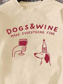 Women's Round Neck T-Shirt, New Fashion 2026, With Cartoon Puppy Print And Wine Red, Versatile For Daily Wear, Casual And Comfortable, Short Sleeve. - 卡其色 - 查看 3