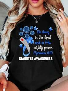 Women's Short Sleeve T-Shirt With Round Neck And Print, Blue Ribbon Flowers Maosas Writing Diabetes Awareness, Sizes S-3XL, Fashionable, Comfortable And Breathable, Machine Washable - 黑色 - 查看 1