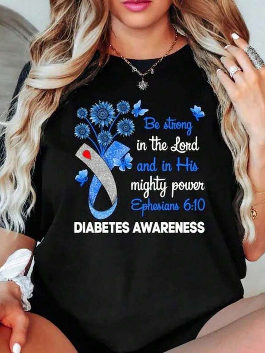 Women's Short Sleeve T-Shirt With Round Neck And Print, Blue Ribbon Flowers Maosas Writing Diabetes Awareness, Sizes S-3XL, Fashionable, Comfortable And Breathable, Machine Washable - 黑色 - 查看 1