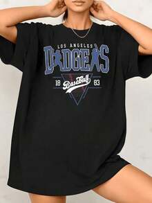 Women's Baseball Graphic Print T-Shirt, 100% Cotton, Crew Neck, Casual Style, 1 Piece. Excellent Gifts For Friends And Family. - 黑色 - 查看 1