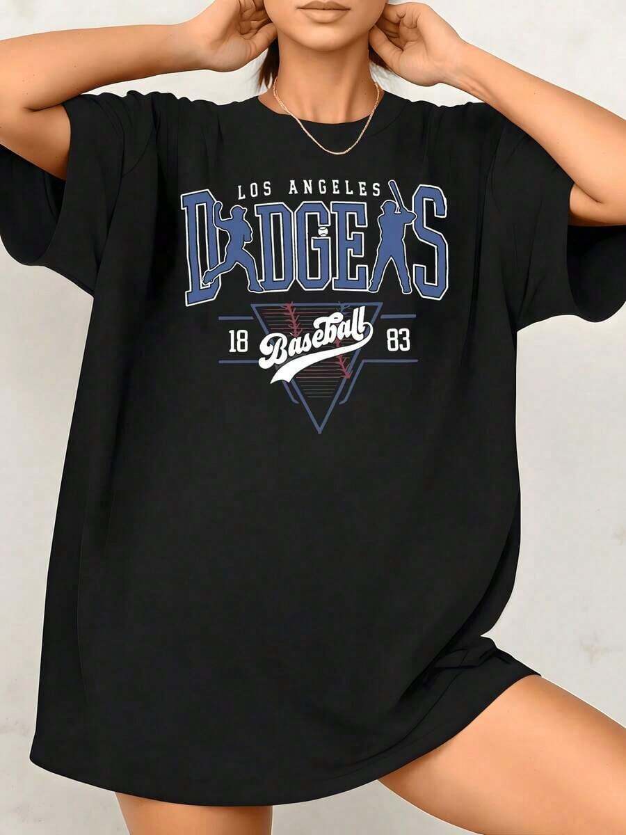 Women's Baseball Graphic Print T-Shirt, 100% Cotton, Crew Neck, Casual Style, 1 Piece. Excellent Gifts For Friends And Family. - 黑色 - 查看 1