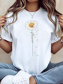Breathable Floral T-Shirt For Mom, Mother's Day Gift For Women, Cute Daisy Design With Hearts And 'Mom' Text, Casual White T-Shirt For Spring Summer, 200g, Women's Cotton T-Shirts, Premium Women's - 白色 - 查看 7