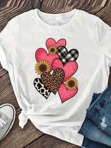 Camiseta de manga corta TrendyWomen con varios diseños de estampado de corazones, camiseta casual de manga corta, ropa de mujer, top casual de manga corta con cuello redondo para primavera y verano, camiseta casual de manga corta para uso diario en primavera y verano. - Blanco - Ver 7