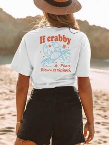 Women's Casual Sports T-Shirt - White Round Neck T-Shirt With Crab Design, Elastic And Machine Washable, Comfortable Fit For All Seasons, Perfect To Complete Your Summer Look With A Straw Hat. - 白色 - 查看 7