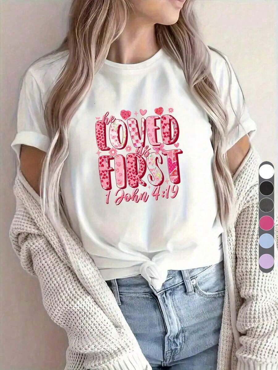 Women's 2026Y2K Style Sports T-Shirt, Casual Short Sleeve | Christian Design For Valentine's Day, Love Bible Verse, Heart Print, Comfortable All-Season Clothing | Relaxed Fit | Everyday Wear - 白色 - 查看 1