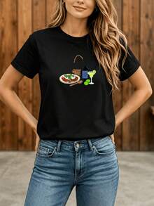 Camiseta Deportiva Casual para  con Colorido Gráfico de Comida y Cabello Marrón Claro - Camiseta Elástica de Cuello Redondo, Lavable aáquina, Ajuste Cómodo y Perfecta para Todas las Estaciones, para Ropa Casual y Amantes de la Gastronomía. - Negro - Ver 6