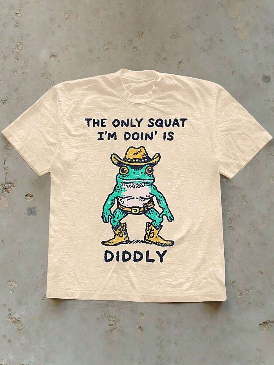 Short-Sleeved T-Shirt With Round Neck And Letter And Frog Print, Casual For Summer. Y2K Style Sportswear, Round Neck, 100% Cotton, Soft Fabric, Short Sleeve. - 杏 - 查看 1