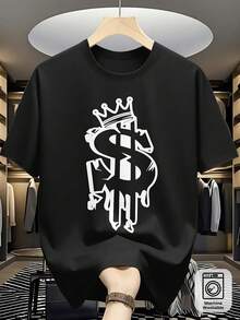 Camiseta de hombre de estilo urbano y corte holgado con estampado de dólar y corona - camiseta de manga corta con cuello redondo de estilo hip-hop urbano, suave y cómoda, adecuada para uso casual en primavera y verano, diseño de corona y dólar, lavable a máquina. - Negro - Ver 1