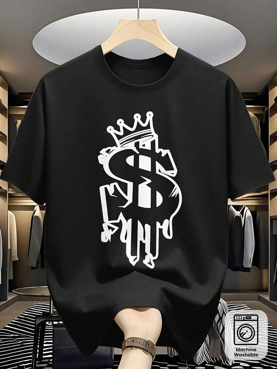 Camiseta de hombre de estilo urbano y corte holgado con estampado de dólar y corona - camiseta de manga corta con cuello redondo de estilo hip-hop urbano, suave y cómoda, adecuada para uso casual en primavera y verano, diseño de corona y dólar, lavable a máquina. - Negro - Ver 1