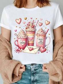 1 pieza clásica y versátil, camiseta corta de algodón puro con estampado de café del Día de San Valentín, ideal para usar en todas las estaciones. Estilo moderno - Blanco - Ver 1