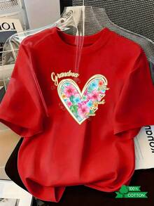 Blusa Casual para Mujer, Estilo Simple para Uso Diario, Camiseta de Cuello Redondo con Estampado de Letras y Anime, diseño sencillo, cómoda y transpirable, elegante y versátil, adecuada para deportes y ocio, un esencial de verano, entrega local, estampado de flores tropicales en forma de corazón, suave y acogedora, top de manga corta para uso diario. - Rojo - Ver 7