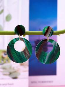 1 Pair Fashionable Ombre Green Patterned Acrylic Geometric Water Drop Round Dangle Earrings, Suitable For Daily Wear - Green - View 2