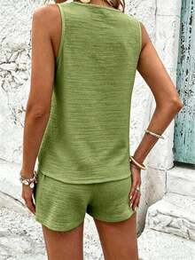 LUNE Conjunto De Camiseta Sin Mangas Y Pantalones Cortos De Color Sólido Para Mujer Con Cuello En V - Verde - Ver 2