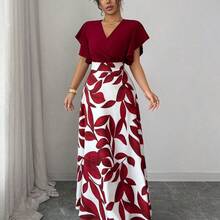 Vestido ajustado y acampanado con volantes y mangas de capa, con estampado de hojas de color rojo burdeos, para primavera/verano - Multicolor - Ver 9