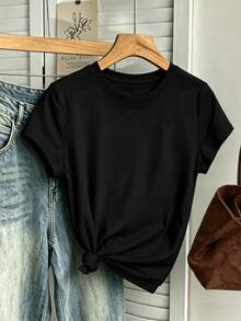 Women's Casual Alien Graphic Short Sleeve Round Neck T-Shirt, Cute Knitted Fabric Regular Fit Top For Everyday Wear - Black - View 4