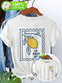 Women's 100% Cotton T-Shirt, Double-Sided Limoncello La Dolce Vita Print With Lemon Design, Casual Short-Sleeved Crew Neck T-Shirt For Holidays - 白色的 - 查看 1