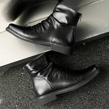 Men's Black Square Toe Ankle Boots, Wrinkle-Effect Leather-Look Low Heel Boots For Office, Commute, Dinner & Daily Smart Casual Wear - 黑色 - 查看 2