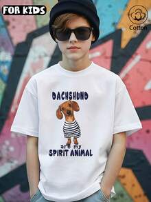 Tween Boy Summer Casual Comfort Fit T-Shirt With Dachshund Print - Short Sleeve Round Neck Boys' Tee, Perfect For Spring/Summer. Ideal Gift For Animal Lovers, Soft And Breathable, Unisex Oversized Design, Cool Preppy Style, Streetwear, Loose Fitting Youth T-Shirts, And Pattern Series, Suitable For Leisure, Vacation, Sport, Formal Events, Birthday Party, And Festivals - White - View 4