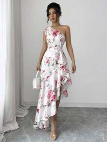 Vestido de mujer con estampado teñido borroso de un solo hombro con diseño de volante de dobladillo irregular, vestido de primavera/verano, vestido con diseño de dobladillo irregular, elegante y de moda, adecuado para uso diario, bodas, banquete - Rosa - Ver 6