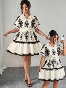 Vestido informal de estilo camisa de talla grande con detalles ricos - Albaricoque - Ver 4