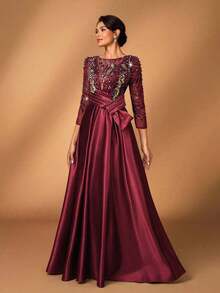 y lujoso vestido de manga larga transparente con bordado de encaje floral, con perlas y lazo con diamantes, con vuelo.Adecuado para boda, fiesta, vacaciones, baile de graduación, vestido de noche para novia, madre de la novia - Burdeos - Ver 4
